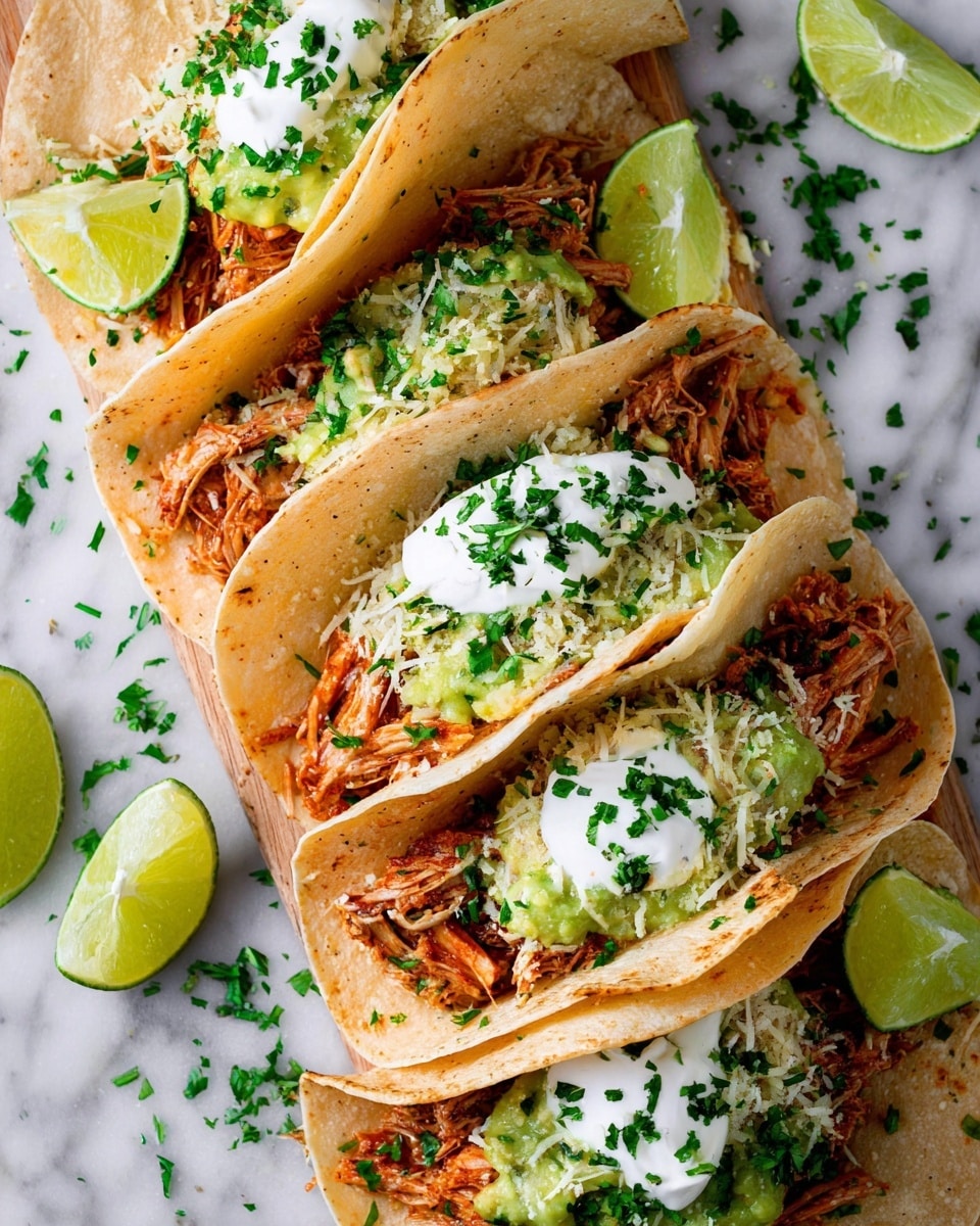 The image shows several soft, folded tortillas filled with layers of shredded reddish-brown meat at the bottom, topped with bright green guacamole, a dollop of white sour cream, and sprinkled with chopped fresh green herbs and light-colored grated cheese. Each tortilla is garnished with a wedge of lime placed on top, and some small lime slices and herb leaves are scattered around the white marbled surface underneath. The colors are vibrant and the textures vary from soft and creamy to shredded and crumbly. photo taken with an iphone --ar 4:5 --v 7