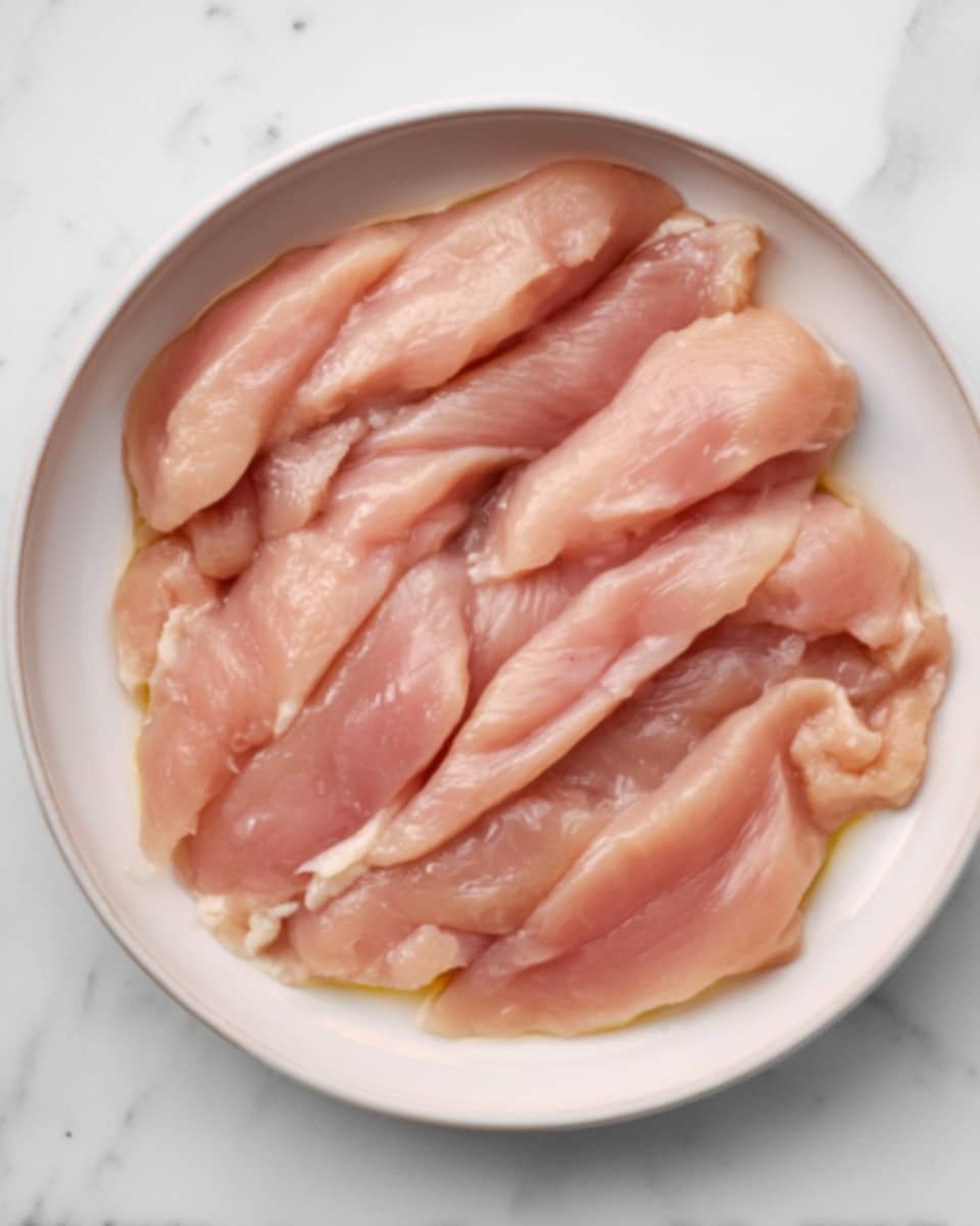 A white plate is filled with a single layer of thin, raw chicken strips that are light pink in color and glossy with moisture. The chicken pieces overlap slightly, covering the entire surface of the plate. The plate is set on a white marbled surface. photo taken with an iphone --ar 4:5 --v 7
