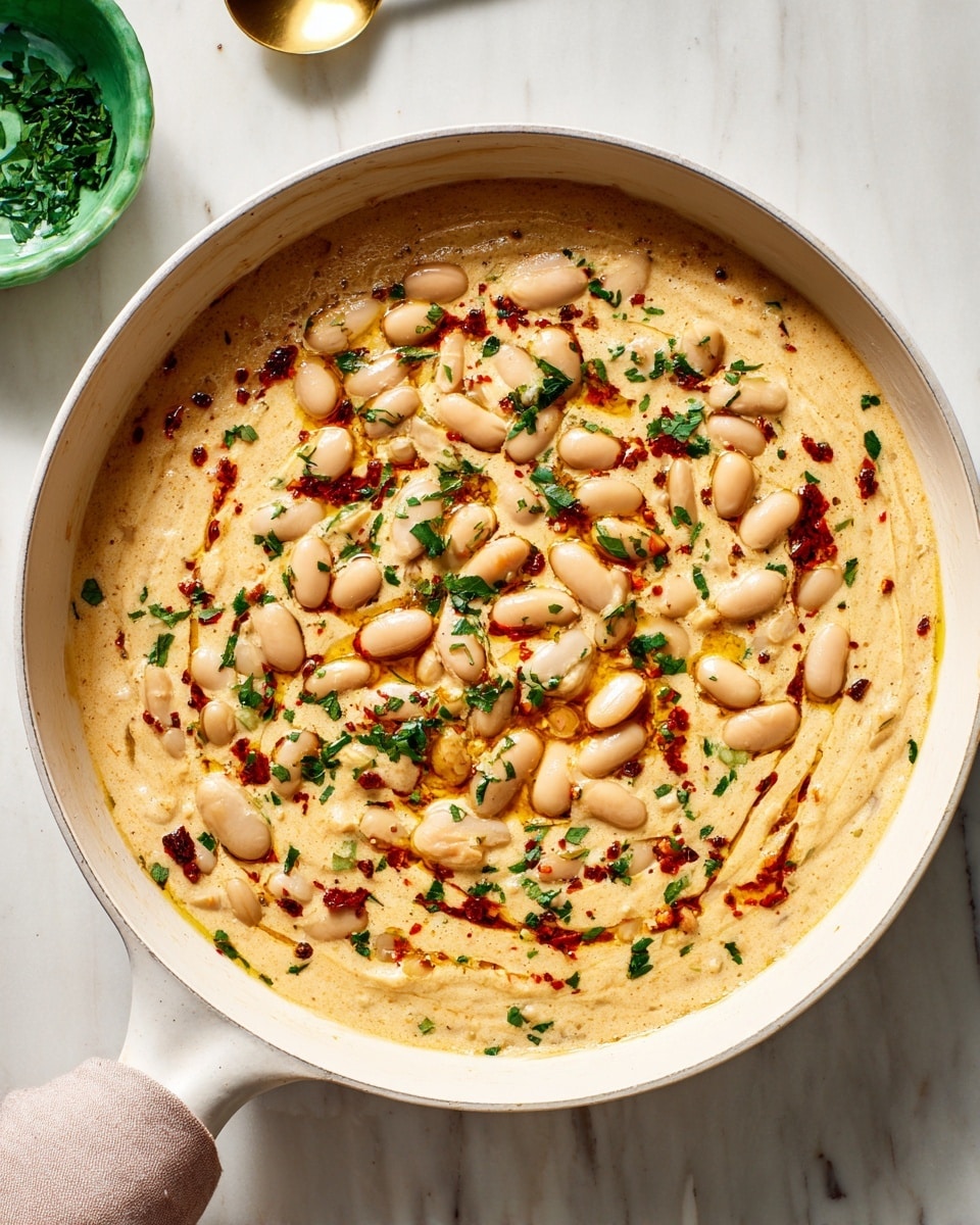 The image shows a white frying pan filled with a creamy sauce mixed with white beans. There are about two layers visible: the base layer is thick and smooth, creamy beige in color, and the top layer has scattered beans with a few spots of red oil or sauce and green herb bits spread unevenly across. The pan sits on a white marbled background, and a small green bowl with a gold spoon is nearby, adding a pop of color. A woman's hand is partially visible holding the pan. Photo taken with an iphone --ar 4:5 --v 7