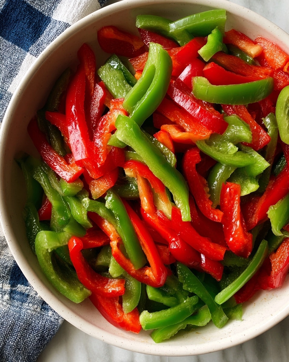 A white pan filled with sliced red and green bell pepper strips. The peppers are cut into long thin pieces, evenly mixed and spread out in the pan, showing smooth, glossy, and fresh textures. The background shows a white marbled surface and a blue checkered fabric cloth is barely visible in the top corner. Photo taken with an iphone --ar 4:5 --v 7