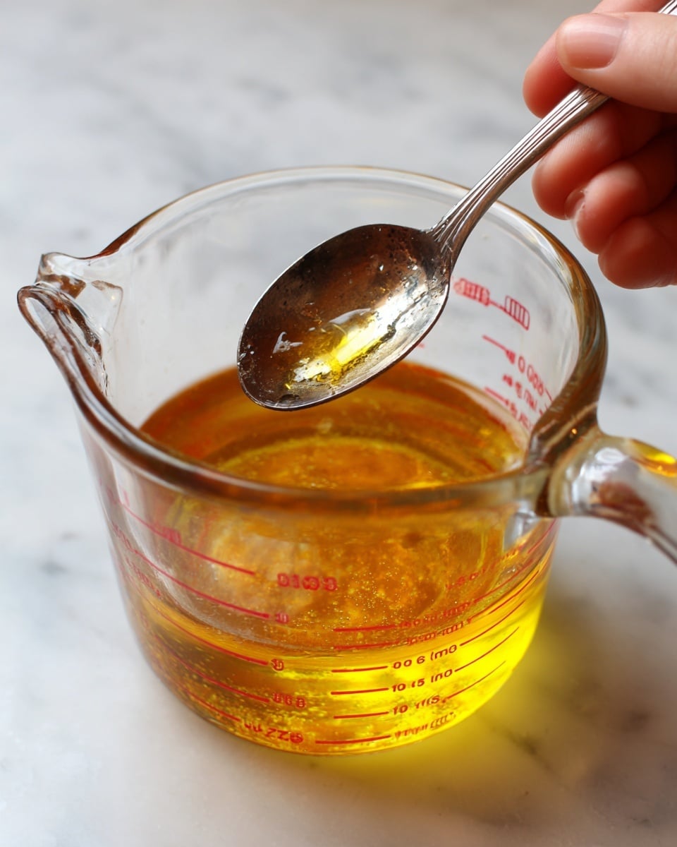 A clear glass measuring cup filled with a golden yellow liquid at the bottom, slightly oily in texture, sits on a white marbled surface. A spoon with a metal bowl and a dark handle is partially submerged in the liquid. A woman's hand is holding the spoon, about to stir or scoop the liquid. The measuring cup has red measurement markings along its side. photo taken with an iphone --ar 4:5 --v 7