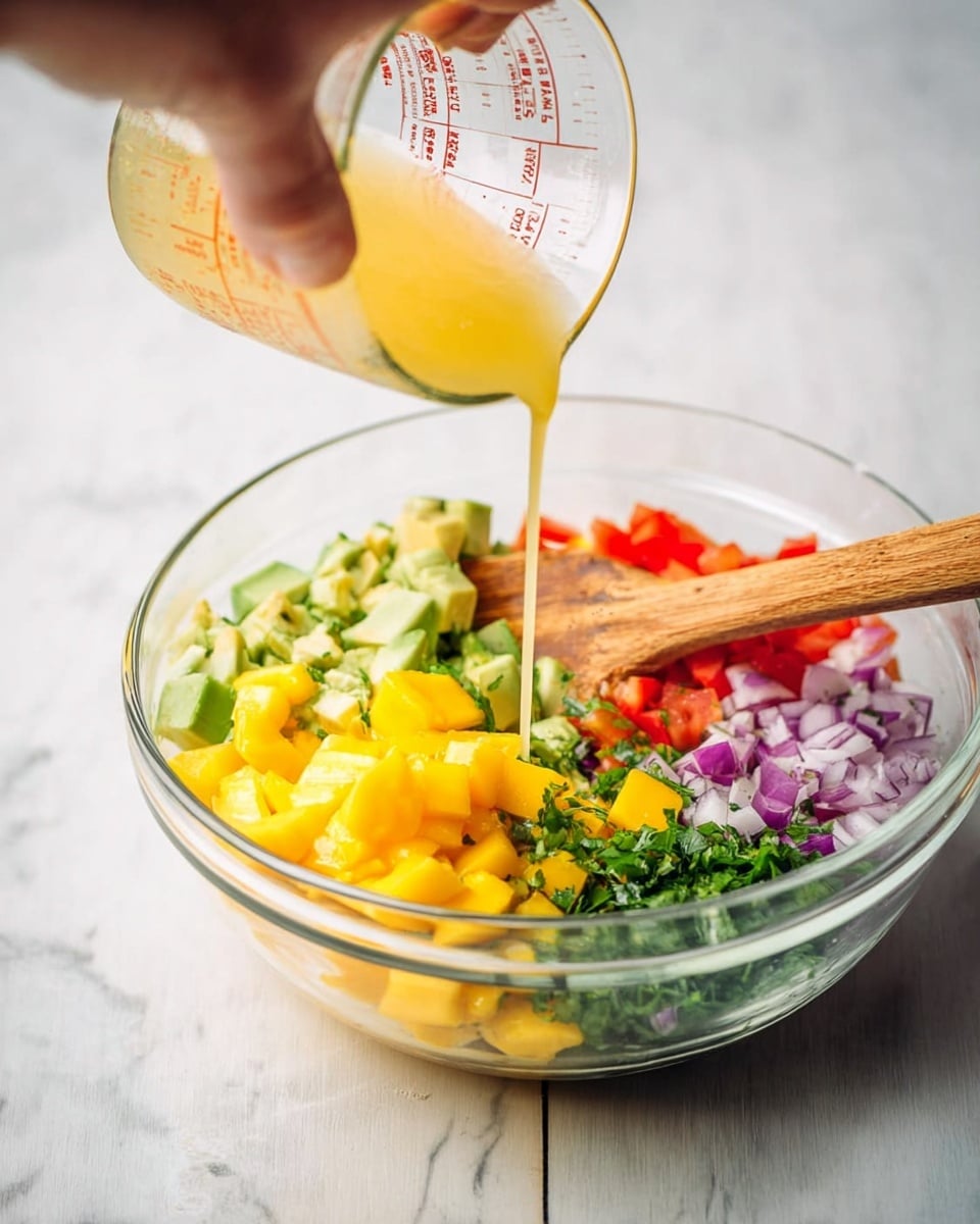 A clear glass bowl contains a mix of chopped fresh ingredients layered side by side: bright yellow diced mango, green avocado cubes, finely chopped purple onion, red bell pepper pieces, and green chopped herbs. A woman's hand is pouring a light yellow liquid dressing from a clear measuring cup into the bowl. A wooden spoon rests inside the bowl. The bowl is placed on a white marbled surface. photo taken with an iphone --ar 4:5 --v 7