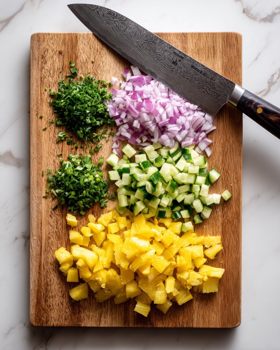 A wooden cutting board on a white marbled surface holds four neatly arranged piles of chopped ingredients in a row. From left to right, there is a small pile of finely chopped green herbs, a chopped red onion in medium-sized pieces, a heap of diced green cucumber, and a larger pile of diced yellow pineapple chunks. A large knife with a dark handle rests diagonally on the cutting board above the ingredients, its blade partly over the pineapple. The photo is taken with an iphone --ar 4:5 --v 7