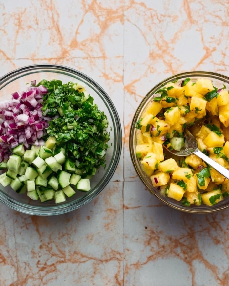 Two clear glass bowls sit on a white marbled surface, each filled with bright, fresh ingredients. The bowl on the left shows four groups of chopped items neatly separated: bright green herbs, dark red pieces of onion, small vibrant green cucumber cubes, and golden yellow chunks of pineapple. The bowl on the right holds the same ingredients seen mixed together in a colorful blend, with a white spoon resting inside, partially stirring the mix. The colors contrast vividly against the clear bowls and white marbled background, creating a fresh and vibrant look. Photo taken with an iphone --ar 4:5 --v 7