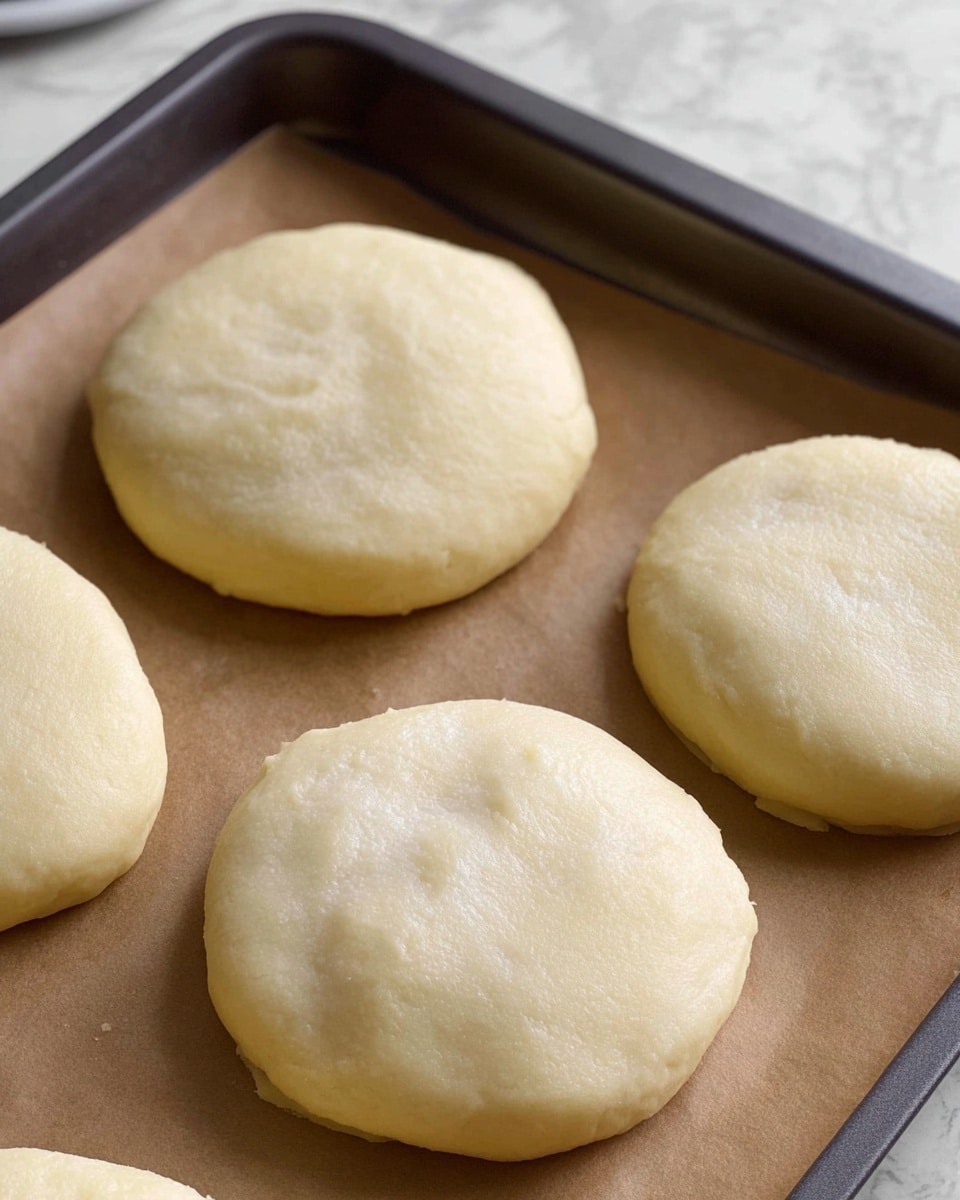 The image shows a close-up of five round dough pieces placed on brown parchment paper on a dark baking tray. Each dough piece is pale yellow and smooth in texture, with a slightly flattened shape and soft edges. The dough looks soft and fluffy, and the surfaces have a gentle, even color with faint, uneven indentations. The tray is set against a white marbled surface that softly contrasts with the dough and tray. photo taken with an iphone --ar 4:5 --v 7