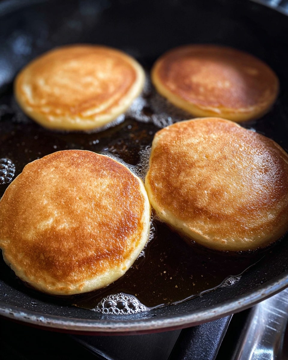 The image shows four golden-brown round pancakes cooking in a black frying pan. Each pancake has a smooth, slightly shiny top with a soft texture, and they are surrounded by small bubbles of cooking oil that glisten on the pan surface. The pan is set on a stove with a metallic burner visible in the background. The colors range from light golden to deeper brown tones, indicating a cooked exterior. The surface around the pan has a subtle reflection, suggesting heat and movement. photo taken with an iphone --ar 4:5 --v 7