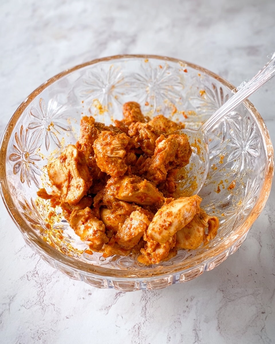 The image shows a clear glass bowl with intricate designs holding several pieces of marinated chicken colored in shades of orange and light brown, indicating spices covering the meat. Inside the bowl, a clear glass spoon rests on the side, partially submerged in the marinated pieces. The bowl is placed on a white marbled surface, which adds a clean and bright background to the image. Photo taken with an iphone --ar 4:5 --v 7