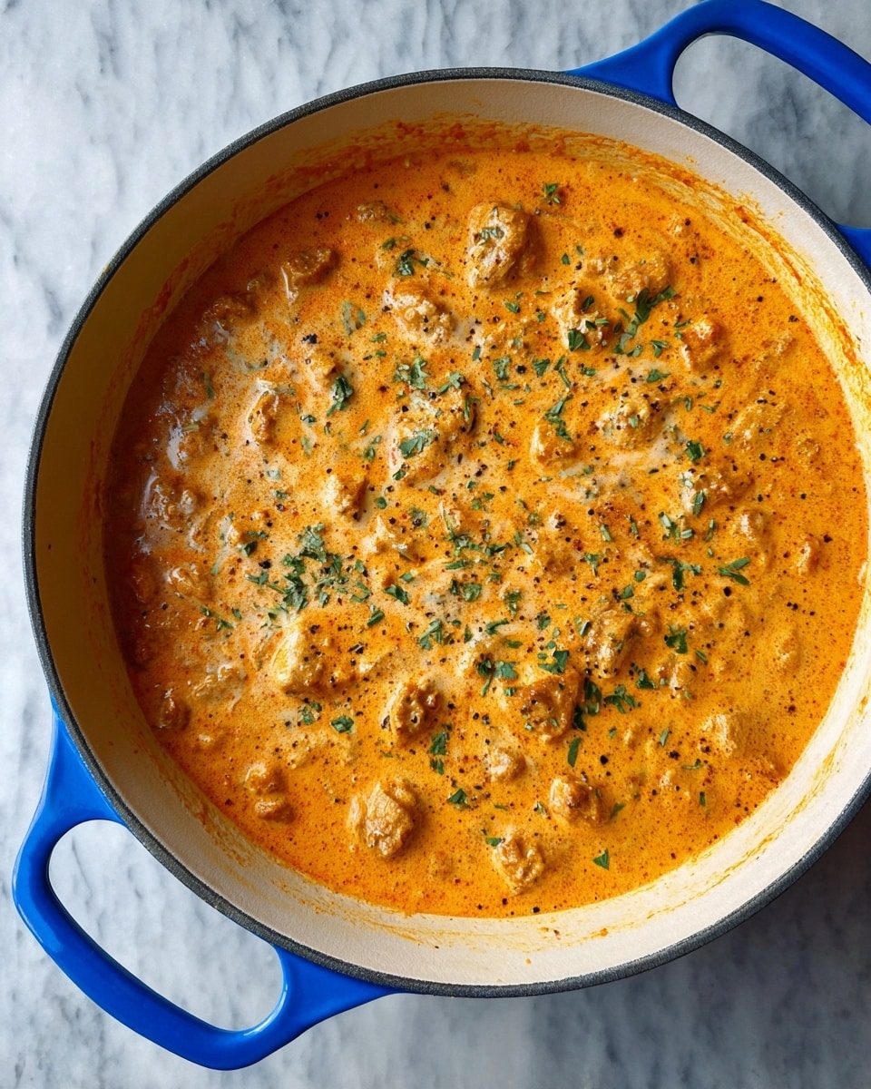 A large white cast iron pan with bright blue handles full of thick, creamy orange sauce mixed with small chunks of meat, sprinkled lightly with green herbs and black pepper, sitting on a white marbled surface photo taken with an iphone --ar 4:5 --v 7