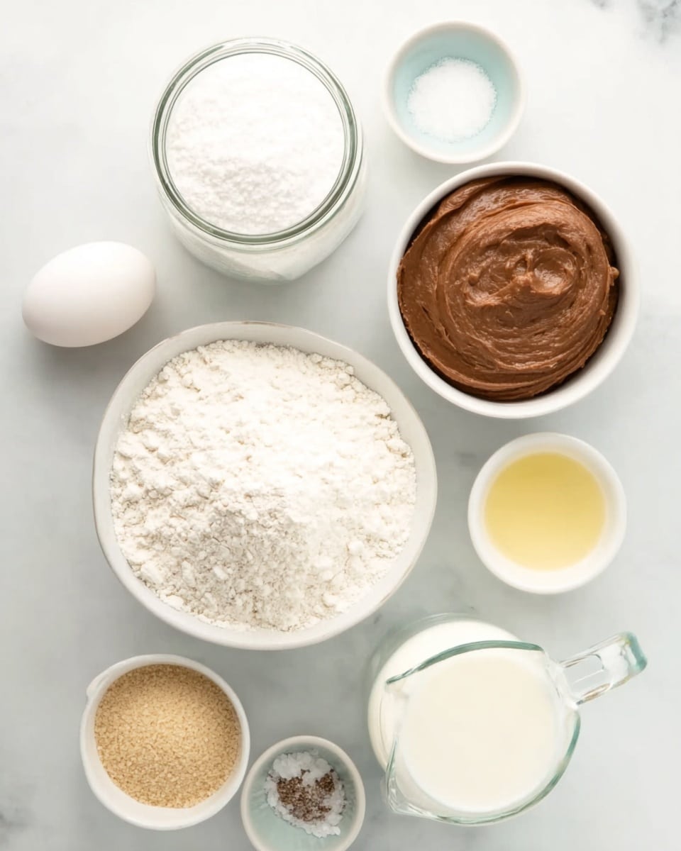 The image shows a white marbled surface with several ingredients arranged neatly. In the center, there is a white bowl filled with white flour. Above it, a clear glass jar with white sugar and next to it a bowl filled with smooth brown paste. To the right of the flour bowl, there is a small white bowl with a light yellow liquid, likely oil or melted butter. Below the flour, there is a clear glass jug filled with milk and next to it, an empty clear glass cup. To the left, there is a white egg, a small bowl with light brown granules, another small bowl with white granules, and a salt shaker. The items are spaced evenly, and the photo is taken with an iphone --ar 4:5 --v 7