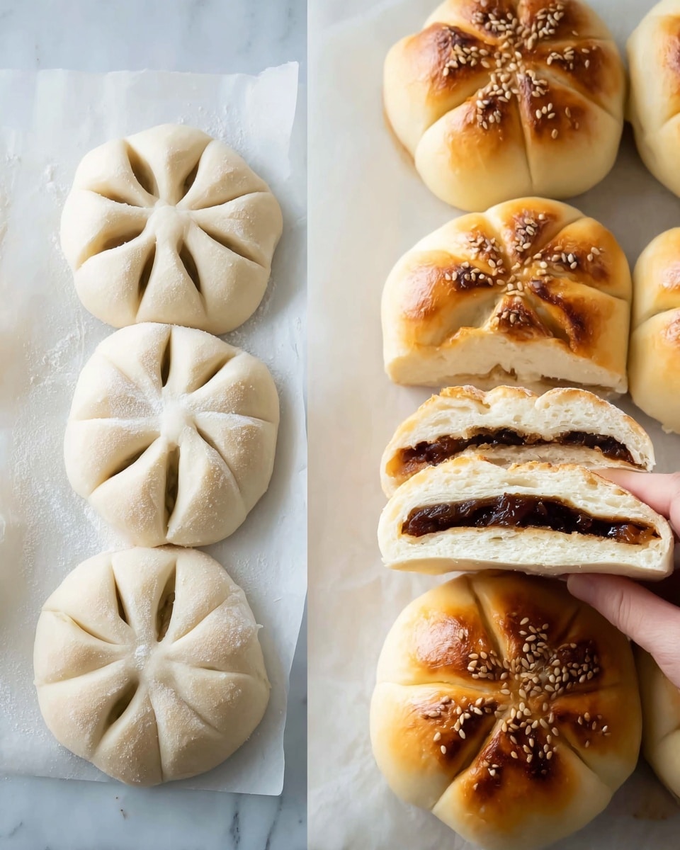 The image shows two stages of a round pastry with flower-like cuts on top. On the left side, there are four uncooked pastries on white parchment paper, each shaped like a circle with six petal-shaped cuts. The dough is pale and smooth, slightly dusted with flour. On the right side, there are cooked pastries, golden brown with a shiny surface topped with sesame seeds. One pastry is cut in half horizontally, revealing three layers inside: a golden-baked outer bun, a thick dark brown filling in the middle, and a soft, fluffy inner dough layer at the bottom. The background is a white marbled texture. Photo taken with an iphone --ar 4:5 --v 7