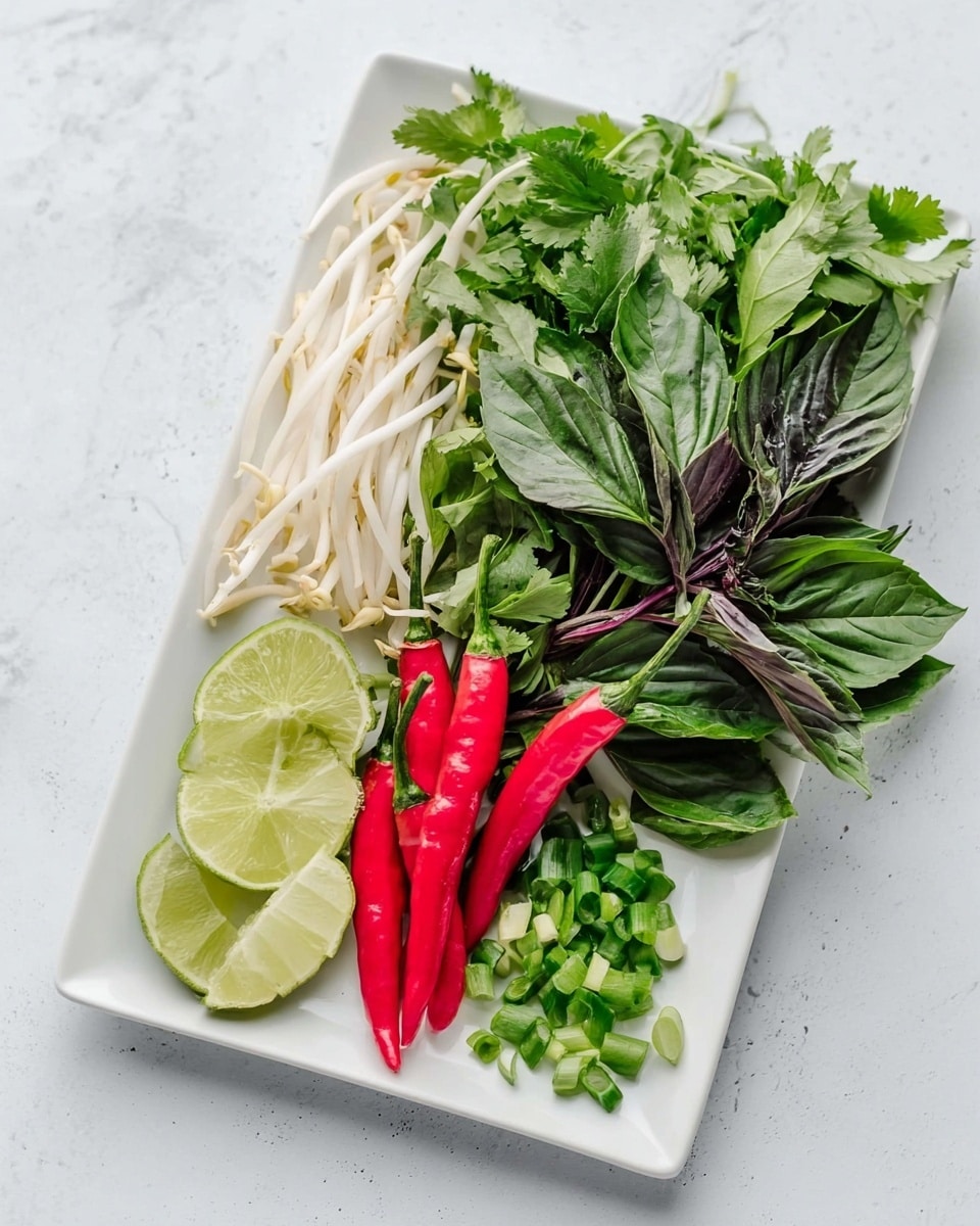 A white rectangular plate on a white marbled surface holds several fresh ingredients arranged in neat layers. At the bottom left corner are white bean sprouts, next to three light green lime wedges with visible juicy texture. To the right of the lime wedges are small, chopped green onions with a crisp appearance. Above the onions is a pile of bright green fresh cilantro leaves, and above the cilantro, there are several large, textured dark green Thai basil leaves with purple stems. Three long, shiny red chili peppers with green stems lie on top of the basil leaves, adding a pop of vibrant color. The photo taken with an iphone --ar 4:5 --v 7