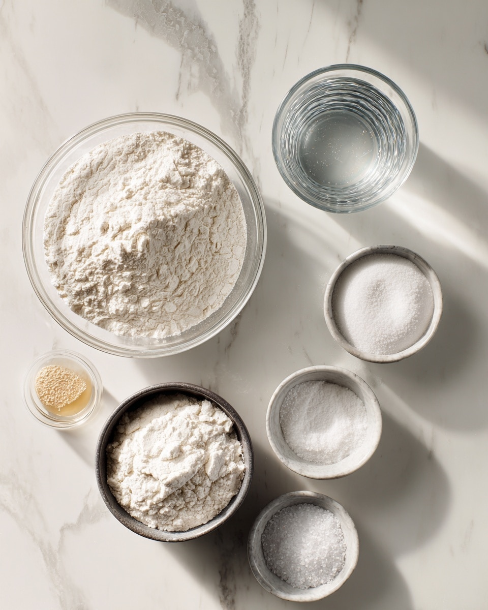 Top-down professional food photography, flat lay style, bright white marble countertop, neatly arranged, evenly spaced, tidy, clean organized layout, include: bowl of all purpose flour, small bowl of salt, small bowl of instant yeast, glass measuring cup of water, bright soft natural lighting, sharp focus, high detail textures, realistic reflections, professional DSLR look, 4K, no finished dish, no cooked food, no hands, no text, no watermark, no brand logos --ar 4:5 --v 7