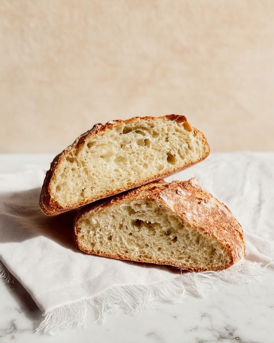Two thick slices of rustic bread are placed on a white cloth with frayed edges, set on a white marbled surface. The bread has a light golden-brown crust with a rough texture and an airy, soft inside showing uneven holes of different sizes. The slices are leaning against each other, revealing the fluffy and fresh interior. The background is simple and beige, making the bread the clear focus. photo taken with an iphone --ar 4:5 --v 7
