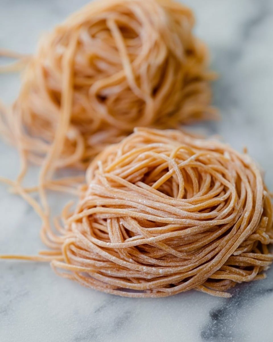 Two nests of uncooked noodles are placed on a white marbled surface. Each nest has many long, thin strands that are light brown with a slight dusting of flour. The strands are tangled and coiled loosely, creating a layered look with some strands overlapping and others spreading out gently. The background is softly blurred, focusing on the texture of the noodles. photo taken with an iphone --ar 4:5 --v 7