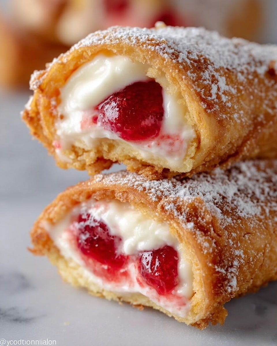 The image shows two pieces of a golden-brown rolled dessert stacked on each other on a white marbled surface. Each roll has three main layers visible: a crispy outer fried layer with a light dusting of powdered sugar, a middle layer of white creamy filling, and a bright red jelly-like fruit filling inside. The texture of the outer layer looks crisp and slightly bubbly, while the creamy middle layer is smooth and soft. The top piece is placed slightly angled, revealing the inside layers clearly. Photo taken with an iphone --ar 4:5 --v 7