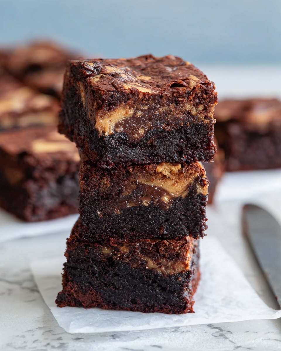 A stack of three thick, square brownies with a dark brown color sits on a piece of white parchment paper over a white marbled surface. Each brownie shows a rich, moist texture with lighter swirls of chocolate and caramel inside, creating a marbled effect. The top brownie reveals a slightly crumbly top with a shiny baked surface. In the background, there are more brownies out of focus, and a knife is partly visible on the right side. photo taken with an iphone --ar 4:5 --v 7
