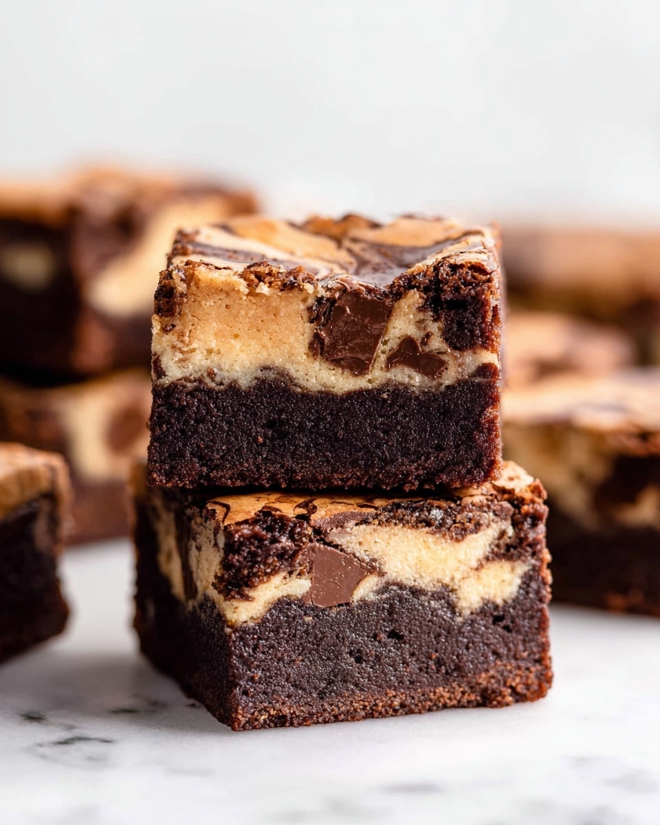 The image shows a close-up of two square pieces of marbled brownies stacked on top of each other on a white marbled surface. Each piece has three visible layers: the bottom layer is dark brown, dense, and fudgy with chunks of chocolate; the middle layer is swirled with light tan and dark brown, showing a creamy and smooth texture mixed with moist chocolate; the top layer is thin and cracked with a marbled pattern of light tan and dark brown. In the background, several more pieces of similar brownies are slightly out of focus. photo taken with an iphone --ar 4:5 --v 7