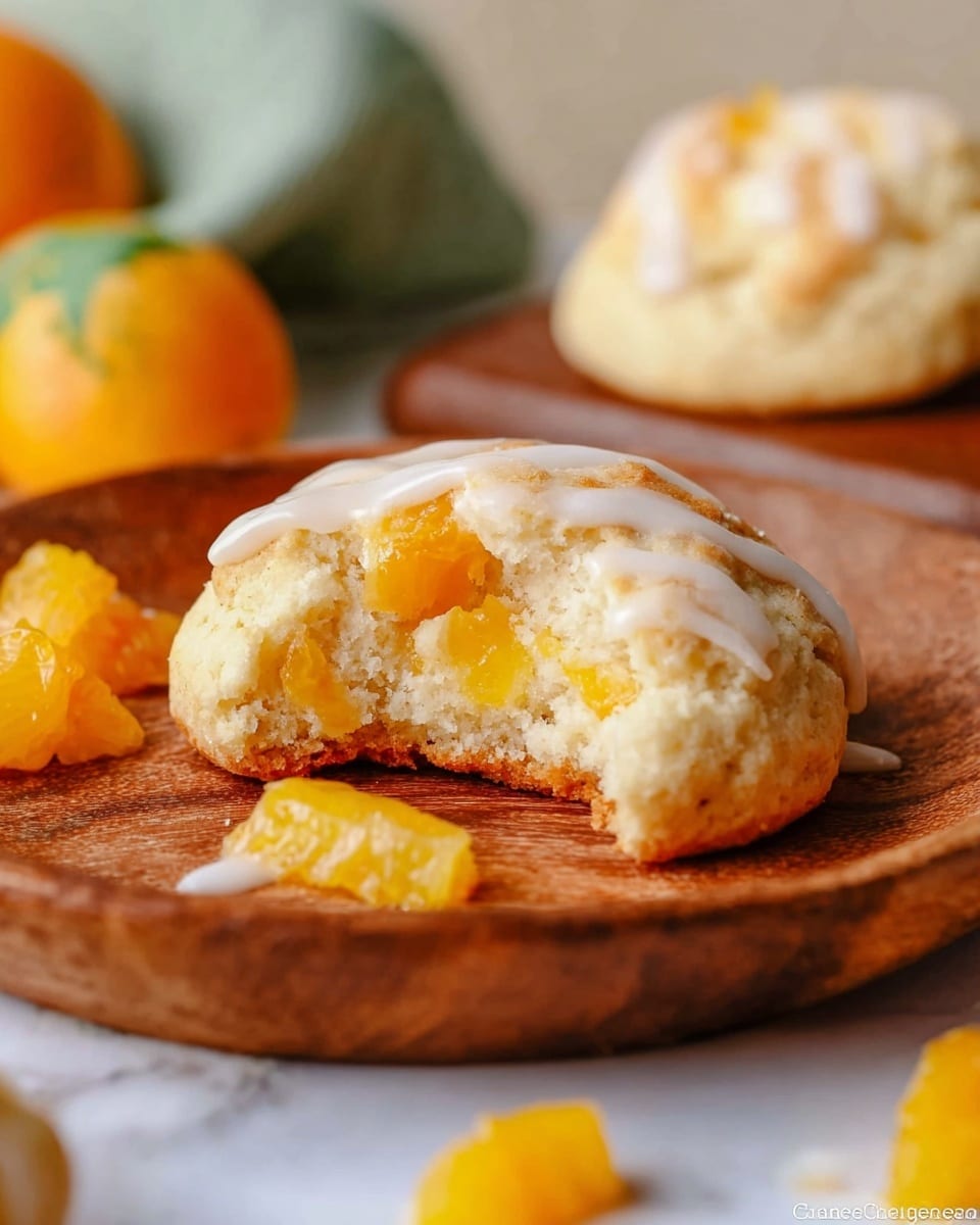 The image shows a soft round biscuit with a light golden color on a white marbled background, placed on a round wooden plate. The biscuit is partly eaten, revealing small chunks of bright orange fruit inside, and it is drizzled with a shiny white glaze on top. Around the biscuit on the plate are a few small pieces of the same bright orange fruit. In the blurry background, there is another biscuit and a few more pieces of the orange fruit. Photo taken with an iphone --ar 4:5 --v 7