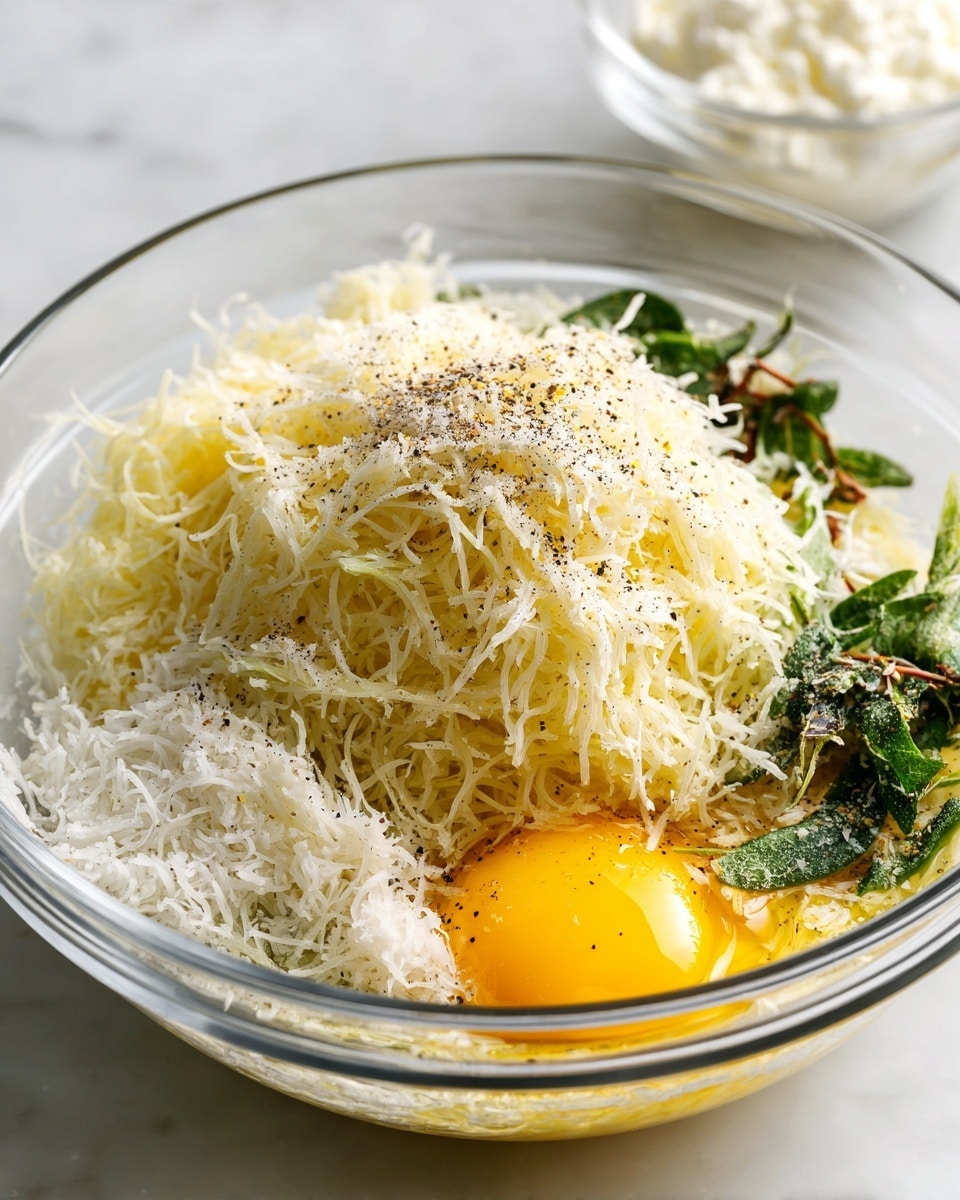 A clear glass bowl sits on a white marbled surface, filled with several layers of ingredients. The bottom layer shows a raw egg yolk with a bright yellow color, surrounded by some grated white cheese and some leafy green pieces scattered around the edges. Above this, there is a large mound of finely shredded pale yellow cheese piled high in the center, sprinkled with a generous amount of black ground pepper and other fine seasonings. The green leafy bits are placed sporadically around the cheese, adding contrast to the light colors. A container of ricotta cheese is slightly visible in the background. Photo taken with an iphone --ar 4:5 --v 7