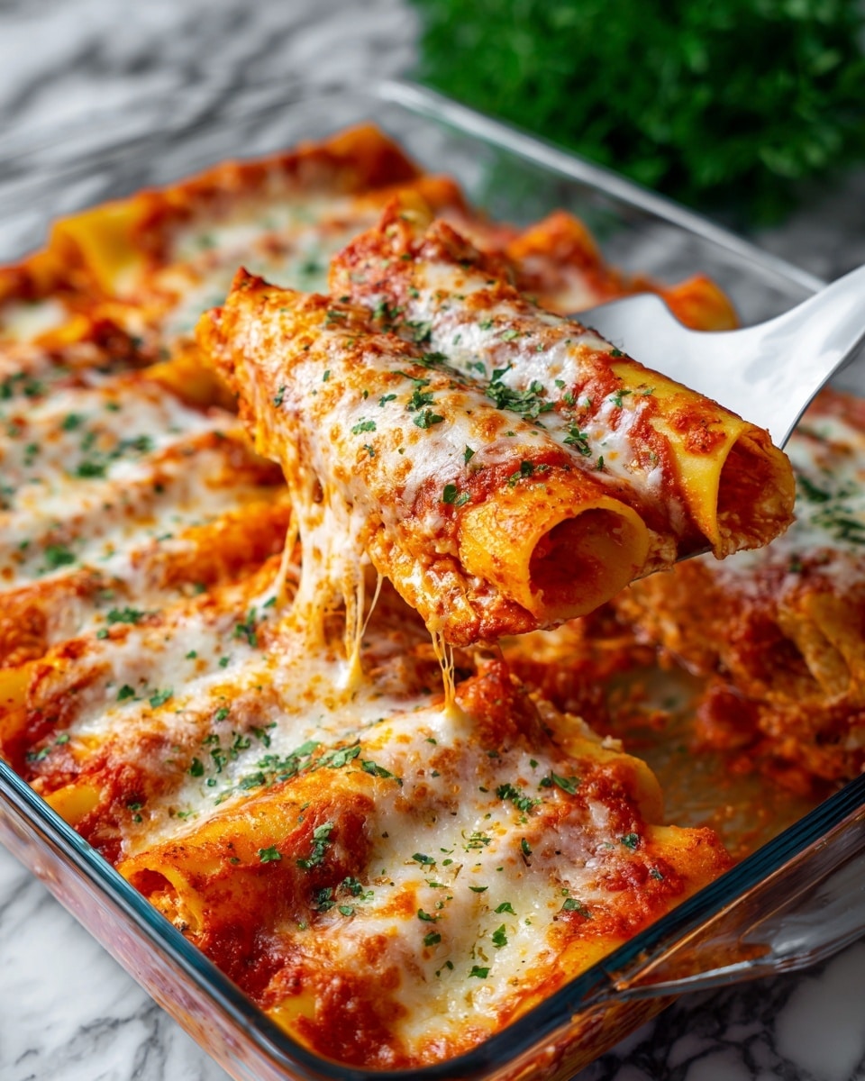 The image shows a glass baking dish filled with cannelloni pasta tubes covered in bright red tomato sauce and melted white cheese sprinkled with green herbs. One pasta tube is being lifted out with a white spatula, showing the smooth, baked texture and sauce coating. The pasta is arranged in a single layer in the dish with melted cheese and herbs scattered evenly on top. The background shows green grass, and the dish sits on a white marbled surface. photo taken with an iphone --ar 4:5 --v 7