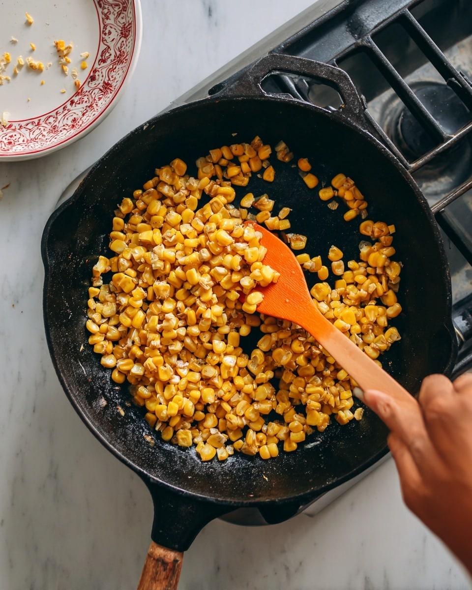 A black cast iron pan sits on a gas stove with golden yellow corn kernels being stirred with an orange spatula held by a woman's hand. The corn pieces vary slightly in color, with some parts showing light browning from cooking. The background shows the white marbled surface of the stove area and a white spoon rest with a decorative red border and crumbs on it. Photo taken with an iphone --ar 4:5 --v 7