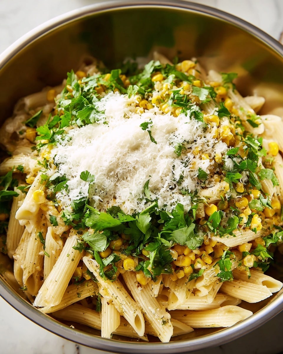 The image shows a large silver bowl filled with cooked penne pasta mixed with golden-yellow cooked corn kernels. On top is a thick layer of finely grated white cheese, covering the pasta unevenly. Bright green fresh chopped herbs, mostly cilantro, are scattered over the cheese, adding a fresh pop of color. The pasta pieces are smooth and tube-shaped with slight ridges, while the corn kernels add a small, round texture. The herbs look leafy and fresh, loosely piled on top of the cheese. The bowl sits on a white marbled surface. Photo taken with an iphone --ar 4:5 --v 7