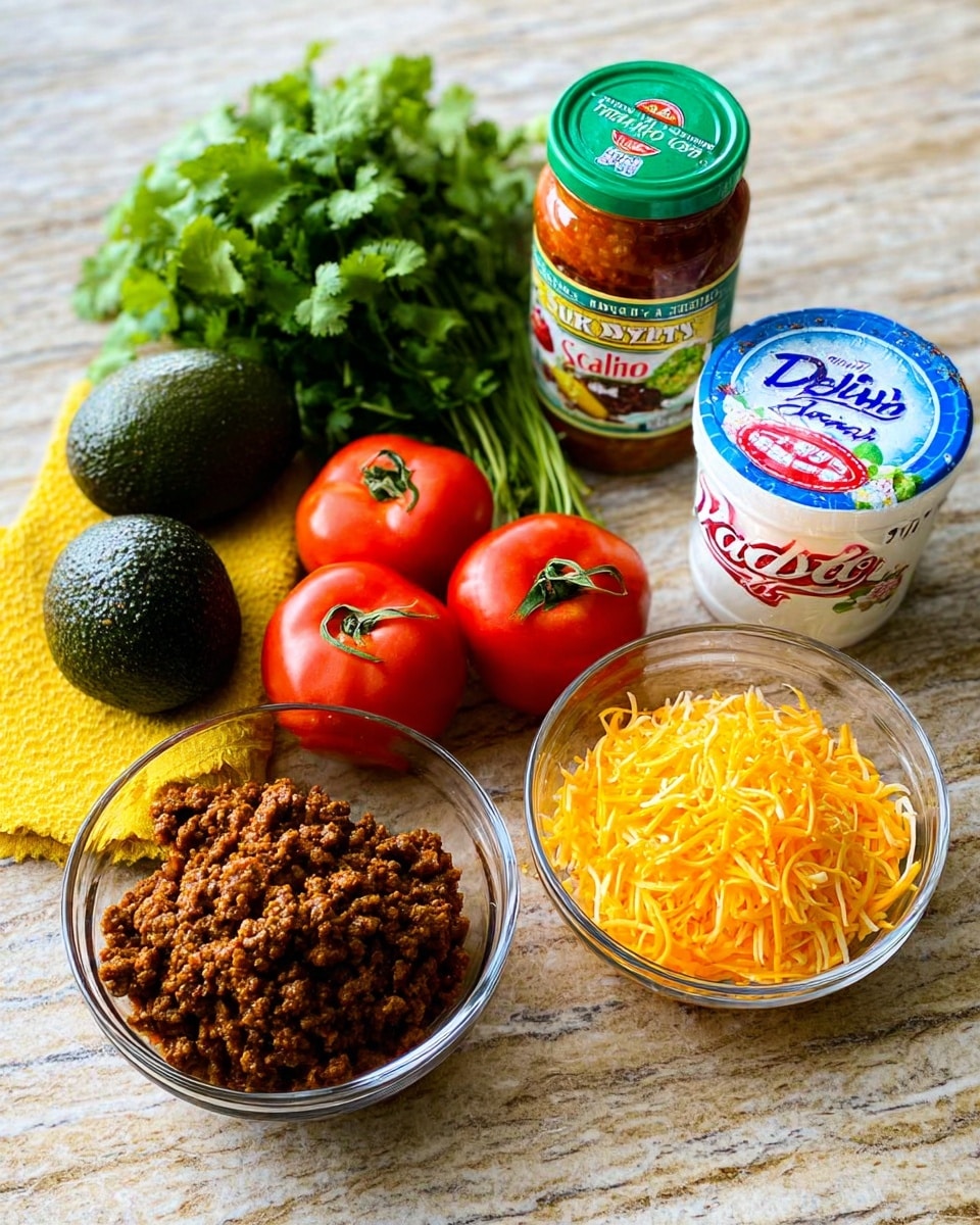The image shows several ingredients arranged on a white marbled surface: three dark green avocados on the left, a bunch of fresh green cilantro next to two red tomatoes placed on a yellow cloth, a jar of mild salsa with a green lid behind the tomatoes, a container of light sour cream with blue and red text on the right, and two clear glass bowls in front; one filled with cooked dark brown ground meat, and the other with bright orange shredded cheese. photo taken with an iphone --ar 4:5 --v 7