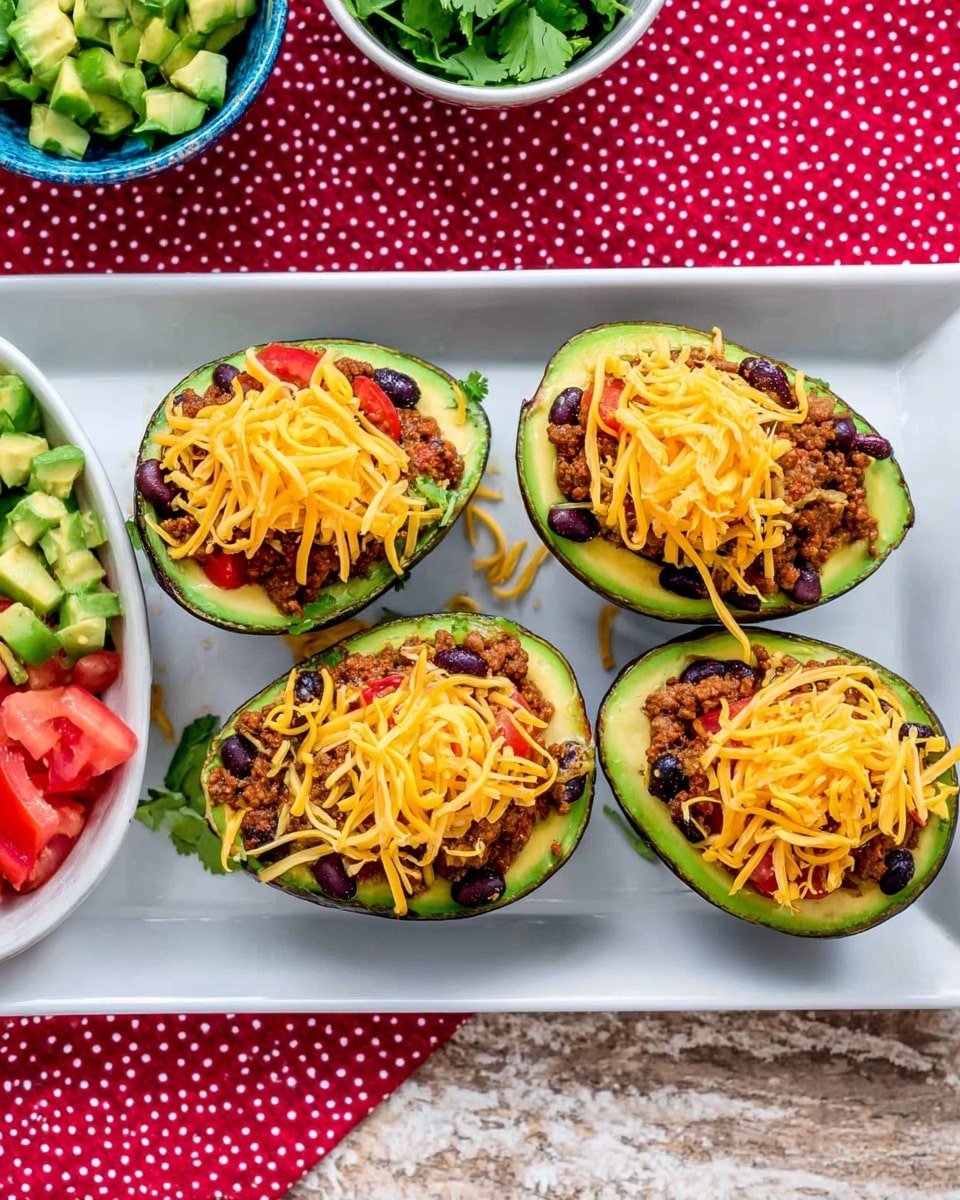 Four avocado halves arranged in a white rectangular plate on a white marbled surface. Each avocado half is filled with a layer of dark brown ground meat mixed with black beans and tomatoes, topped with finely shredded bright orange cheddar cheese. The avocado skin is dark green, and the inner flesh is a lighter green surrounding the fillings. To the right and top left of the plate, parts of bowls with chopped vegetables and fresh cilantro can be seen on a red cloth with white polka dots. Photo taken with an iphone --ar 4:5 --v 7