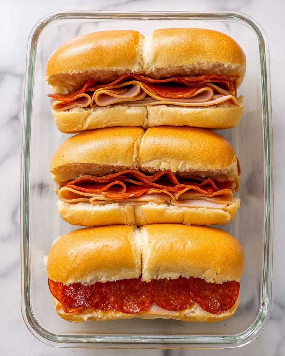 Three sandwiches are placed side by side inside a clear glass baking dish on a white marbled surface. Each sandwich has three visible layers: the bottom layer consists of several bright red pepperoni slices, the middle layer is made of folded light brown deli meat, and the top layer is a soft, light golden sandwich bun with a fluffy texture. The sandwiches are neatly arranged in a row, viewed from above, with the top bun slightly split to reveal the meats inside. Photo taken with an iphone --ar 4:5 --v 7