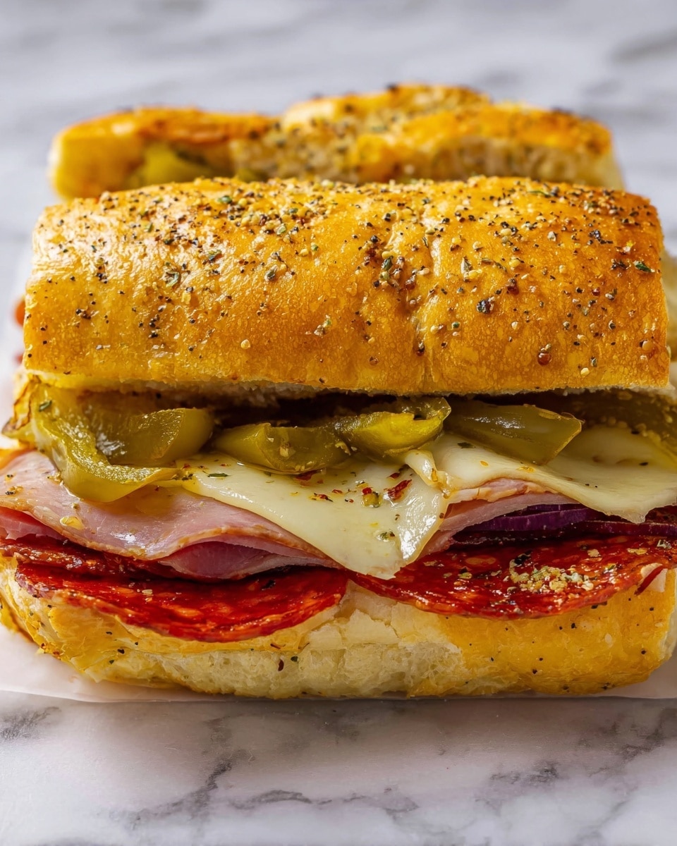 A sandwich with a golden-yellow hoagie roll sprinkled with coarse spices on top, slightly cracked and soft inside. Inside the sandwich, there are layers starting with dark red pepperoni at the bottom followed by thin slices of turkey deli meat in the middle. Above the deli meat is a melted layer of white cheese speckled with herbs, topped with several pieces of green pickled pepper. The sandwich rests on a white marbled surface. photo taken with an iphone --ar 4:5 --v 7