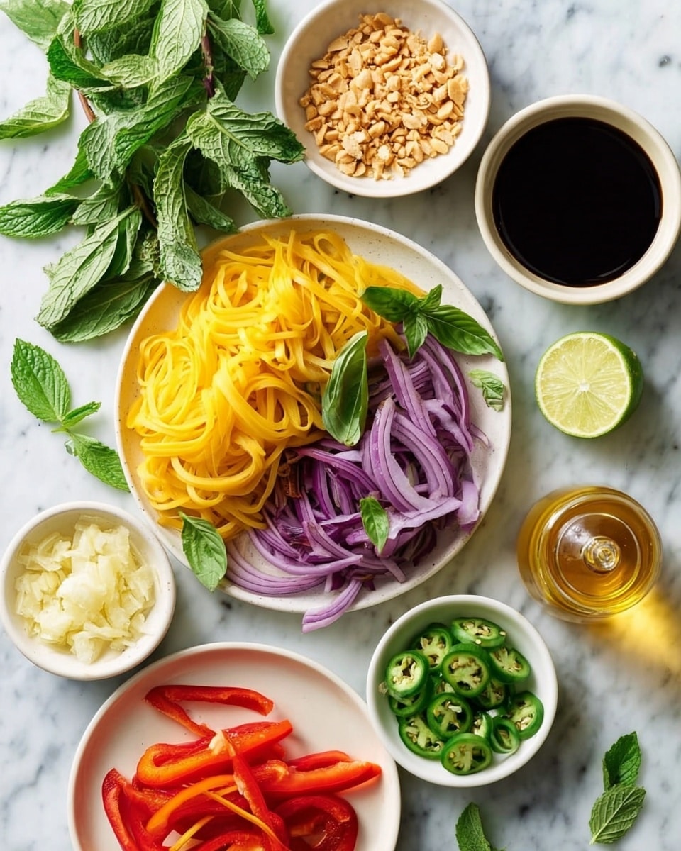 The image shows a white plate filled with two layers of bright yellow noodles on top and purple sliced onions on the right side, garnished with green basil leaves. Around the plate, there are several small white bowls containing different ingredients: a bowl of crushed peanuts with a smaller bowl of golden honey placed on top, a bowl of dark soy sauce, a bowl of green sliced jalapeños, and a bowl of finely grated ginger. There is also a separate white plate with red sliced bell peppers. Fresh lime halves and a small bottle of oil rest on the white marbled surface along with fresh mint leaves scattered around. Photo taken with an iphone --ar 4:5 --v 7