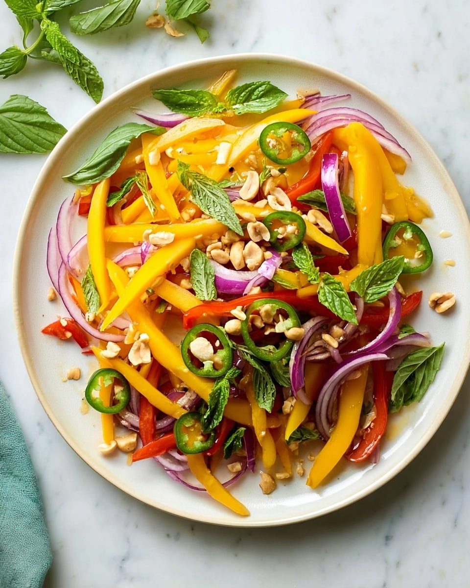 A white plate holds a colorful salad with three main layers: long yellow mango strips, long red bell pepper strips, and thin slices of purple onion, all mixed together. On top, there are thin green jalapeño slices, fresh green basil and mint leaves scattered around, and small chopped light brown peanuts spread evenly for texture. The plate sits on a white marbled surface with some extra leaves and peanuts around for decoration. Photo taken with an iphone --ar 4:5 --v 7