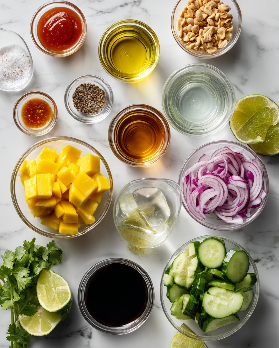 Top-down professional food photography, flat lay style, bright white marble countertop, neatly arranged, evenly spaced, tidy, clean organized layout, include: small glass cup of sweet chilli sauce, small glass cup of all-purpose soy sauce, glass measuring cup of freshly squeezed lime juice, small glass cup of olive oil, small bowl of honey or maple syrup, small bowl of freshly grated ginger, small bowl of sea salt flakes, small bowl of freshly cracked black pepper, bowl of peeled diced ripe mangoes, bowl of peeled pitted diced avocado, bowl of finely sliced red onion, bowl of halved lengthwise then sliced cucumber, bowl of roughly chopped coriander leaves, bowl of crushed peanuts, bright soft natural lighting, sharp focus, high detail textures, realistic reflections, professional DSLR look, 4K, no finished dish, no cooked food, no hands, no text, no watermark, no brand logos --ar 4:5 --v 7