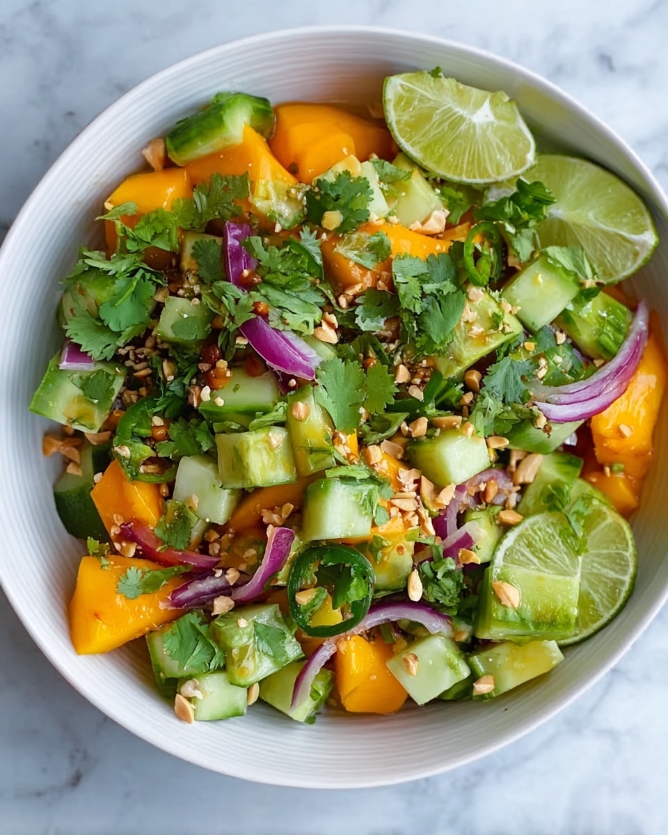 The image shows a fresh salad in a white bowl on a white marbled surface. The salad has three main layers: the bottom layer consists of chopped orange pieces, likely ripe mango, giving a bright and juicy look; on top of this are various fresh green cucumber chunks with a bright green color and bumpy texture; scattered among these are thin slices of purple-red onions adding contrast. The salad is garnished with fresh green cilantro leaves and small crushed pieces of peanuts sprinkled all over, with two lime wedges placed on one side. The overall dish looks colorful with orange, green, purple, and light brown textures all mixed naturally. Photo taken with an iphone --ar 4:5 --v 7