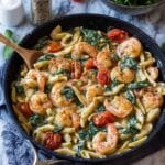 Shrimp Pasta with Garlic Cream Sauce, Tomatoes, and Spinach Recipe