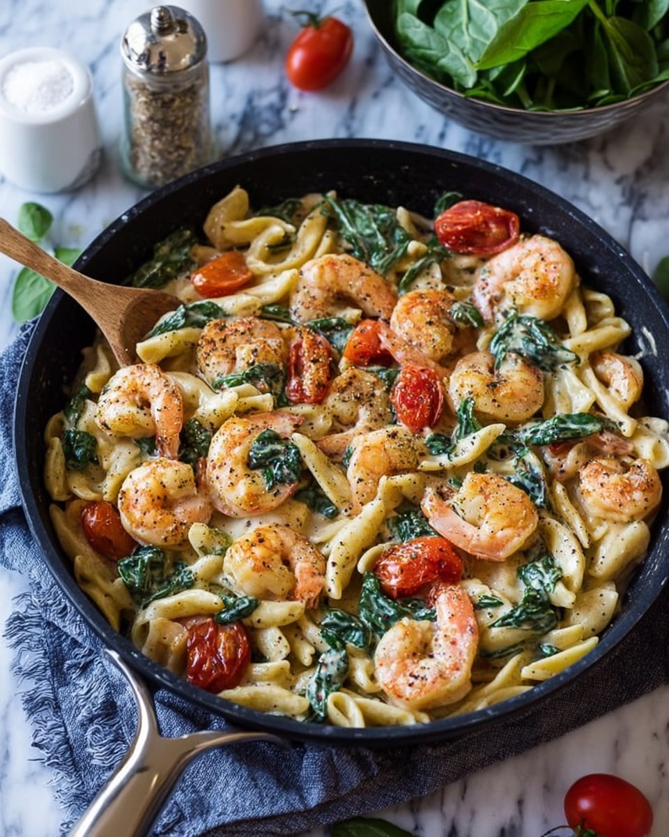 Shrimp Pasta with Garlic Cream Sauce, Tomatoes, and Spinach Recipe