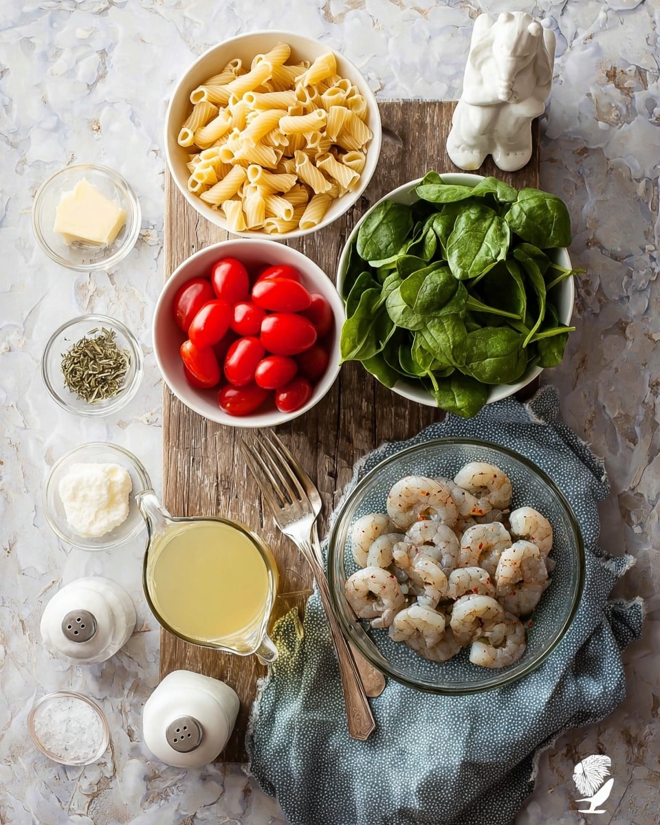 The image shows a wooden board on a white marbled surface with several bowls and ingredients arranged neatly. There is a clear glass bowl with raw seasoned shrimp at the bottom right on a blue-gray textured cloth, a small white bowl of cherry tomatoes above it, and a white bowl filled with fresh green spinach leaves next to the tomatoes. A white bowl with uncooked short pasta sits near the top left of the board. A small glass pitcher containing a light yellow liquid, likely broth, is placed in the center on the cloth, next to two silver forks. Around the board on the marbled surface, small glass bowls hold butter, garlic, dried herbs, and a white powder. There are also salt and pepper shakers near the bottom left, with a small white salt container shaped like a house close to the tomatoes. A white ceramic figurine sits at the top left. Photo taken with an iphone --ar 4:5 --v 7