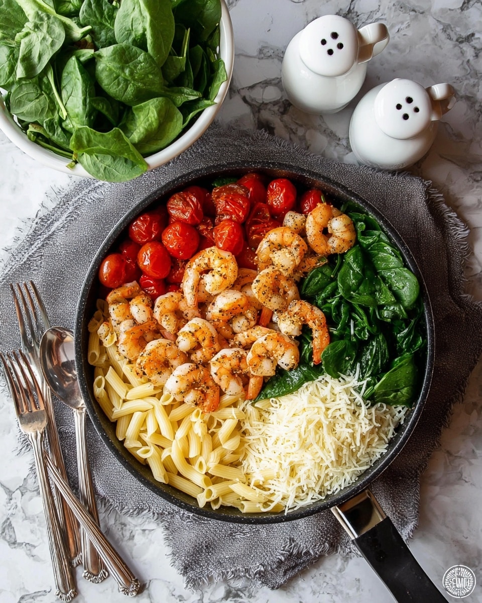 The dish is served in a black pan placed on a gray cloth on a white marbled surface. Inside the pan, there are four main layers arranged side by side: bright orange cooked shrimp with dark seasoning on the top right, fresh green spinach leaves on the bottom right, a pile of white grated cheese in the center, pale yellow cooked pasta on the bottom left, and glossy red cherry tomatoes on the top left. Around the pan, there is a white colander filled with fresh spinach leaves, a white ceramic salt and pepper shaker with a heart shape at the top, two silver forks, and salt and pepper shakers on the white marbled surface. Photo taken with an iphone --ar 4:5 --v 7