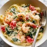 Shrimp Fettuccine with Cherry Tomatoes and Spinach in a Creamy Garlic Sauce Recipe