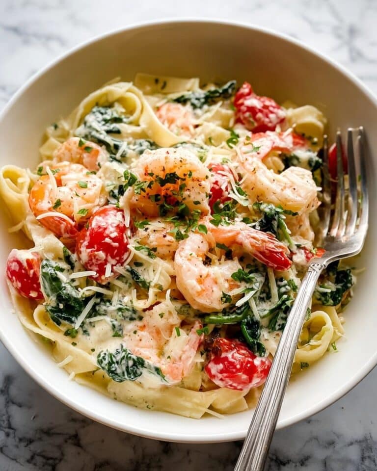 Shrimp Fettuccine with Cherry Tomatoes and Spinach in a Creamy Garlic Sauce Recipe