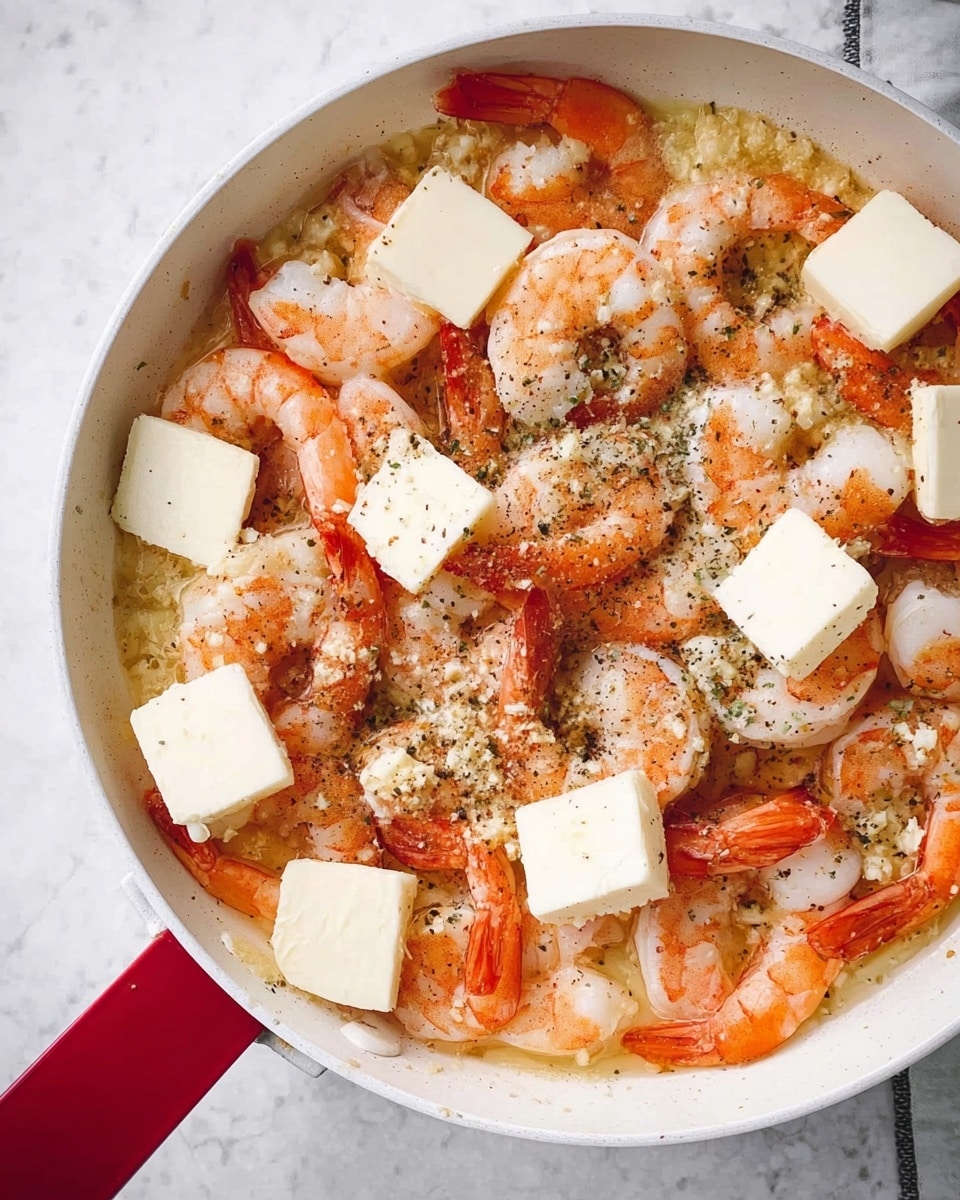 A white pan filled with pink and orange shrimp layers spread evenly, each shrimp curled with the tail showing a bright orange-red color. Scattered on top of the shrimp are several small, square pieces of white butter, creating a soft creamy contrast. Tiny bits of chopped garlic and a generous sprinkle of black pepper are visible, adding texture and seasoning detail to the dish. The pan handle is red, and the pan is set against a white marbled surface. photo taken with an iphone --ar 4:5 --v 7