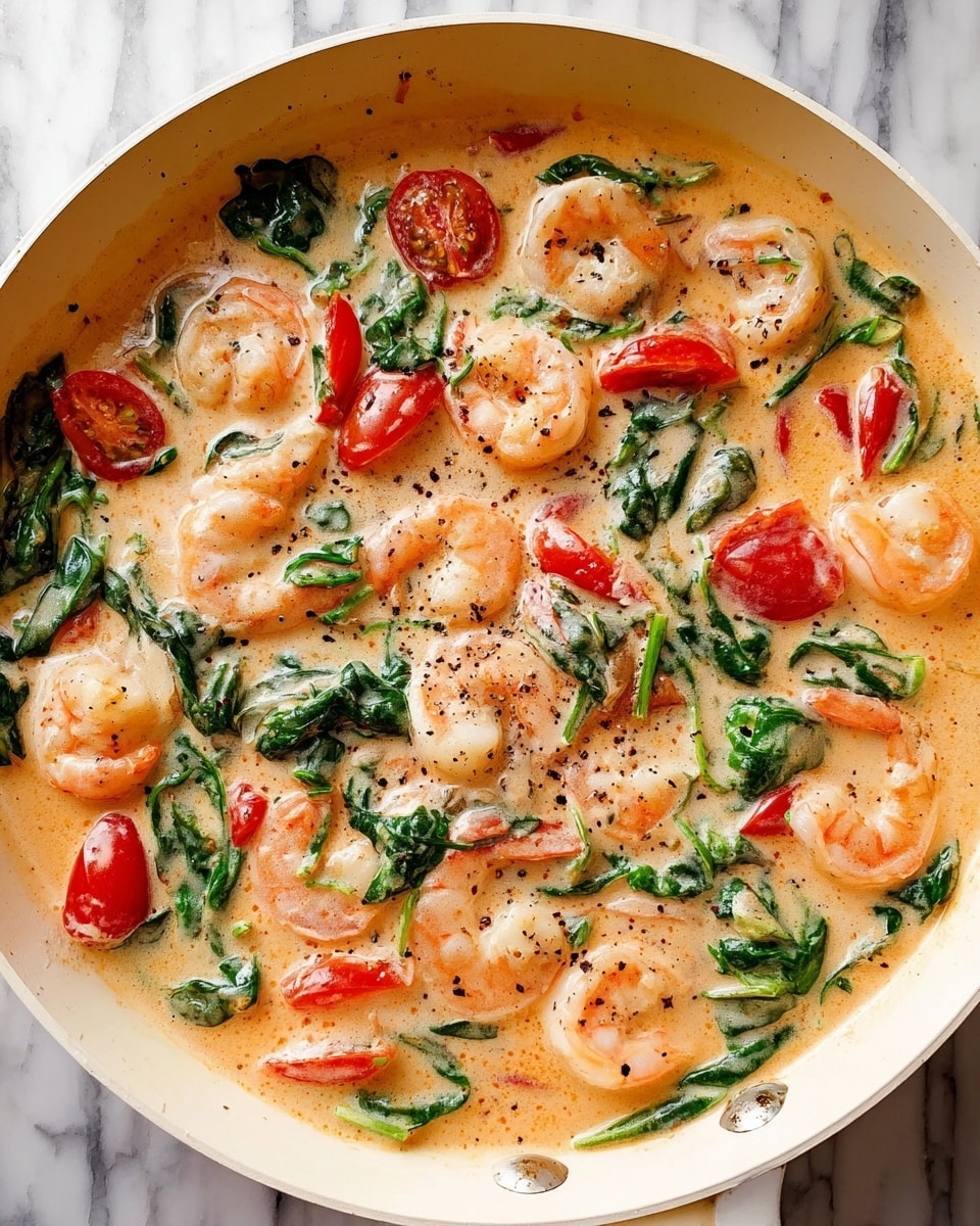 A white pan filled with a creamy sauce that has a light orange color. Inside the sauce are many pink shrimp with tails showing, bright green spinach leaves scattered throughout, and halved red cherry tomatoes. The sauce is smooth and slightly thick, with small black pepper flecks on top. The pan sits on a white marbled surface. Photo taken with an iphone --ar 4:5 --v 7