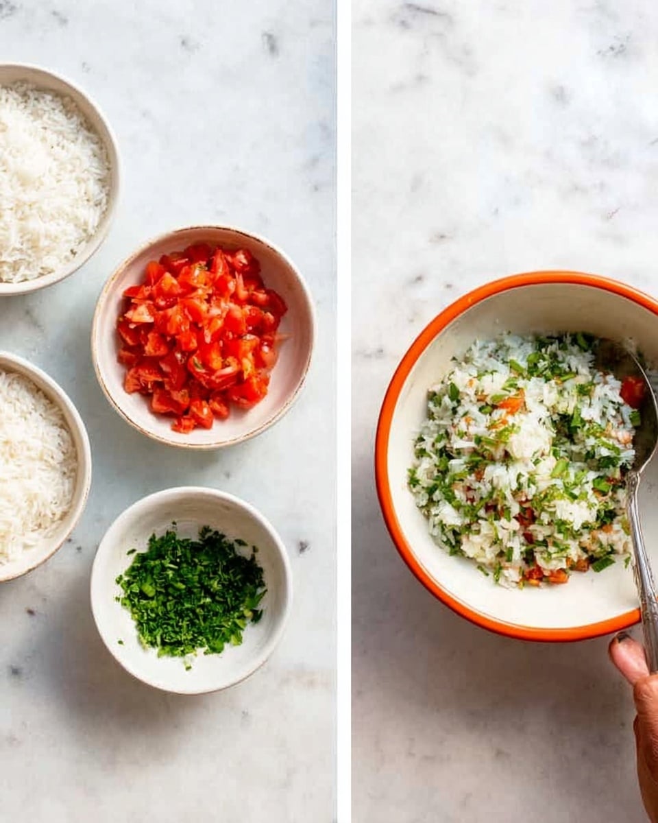 The image shows two views of ingredients on a white marbled surface. On the left side, there are four white bowls: one with white rice, one with chopped red tomatoes, one smaller bowl with chopped green herbs, and another small bowl with more finely chopped green herbs. On the right side, a white bowl with an orange rim contains a mix of white rice and chopped green herbs, with a silver spoon inside the bowl. A woman's hand is holding the bowl slightly from the bottom right. photo taken with an iphone --ar 4:5 --v 7