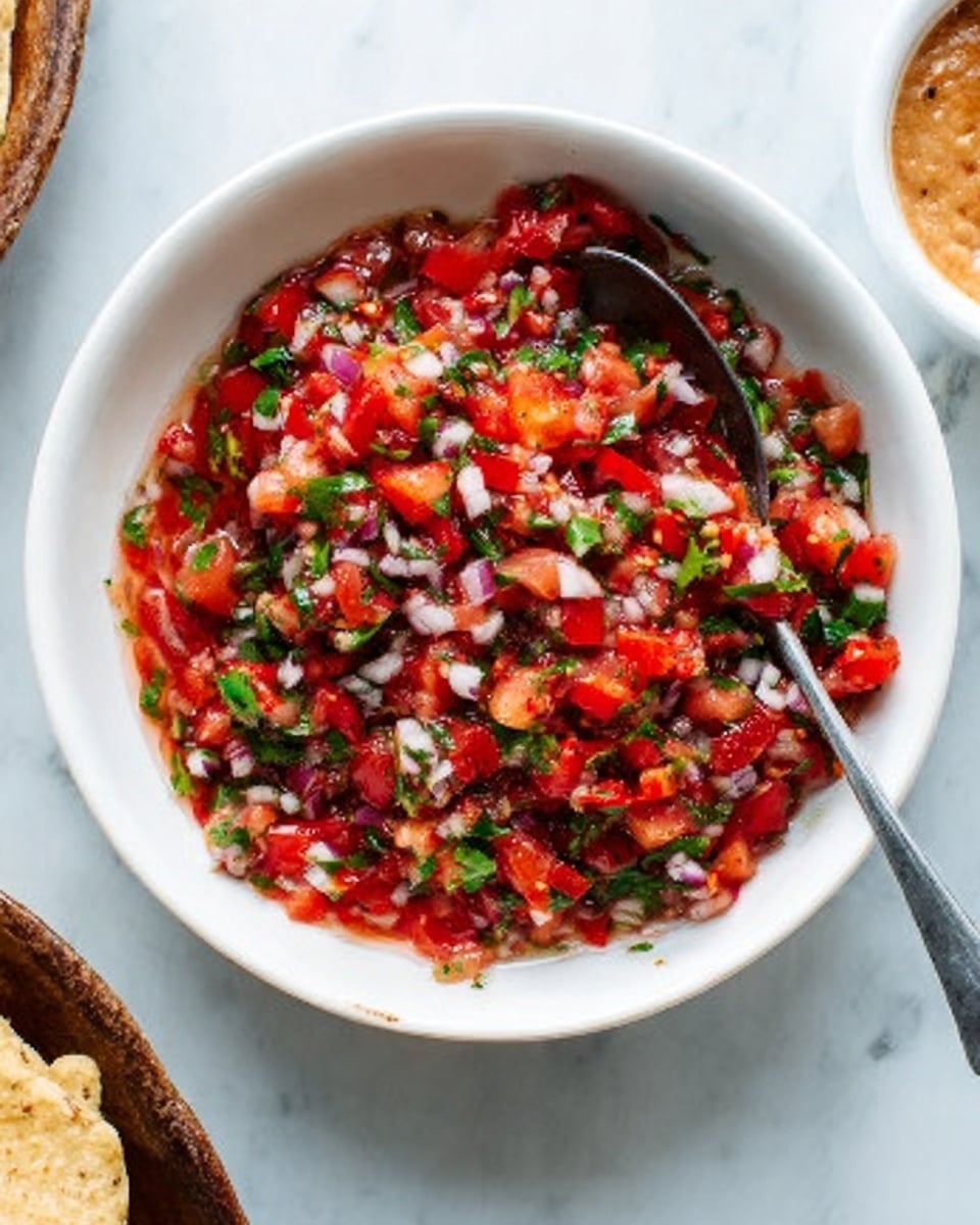 A white bowl filled with a vibrant salsa made of finely chopped red tomatoes, white onions, green cilantro, and small pieces of red chili, all mixed together with a bit of liquid visible at the bottom. A spoon rests inside the bowl, with its handle pointing outwards, while some tortilla chips are partially visible at the bottom left corner on a white marbled surface. There is a glimpse of another white bowl in the top right corner with a light brown spread. photo taken with an iphone --ar 4:5 --v 7