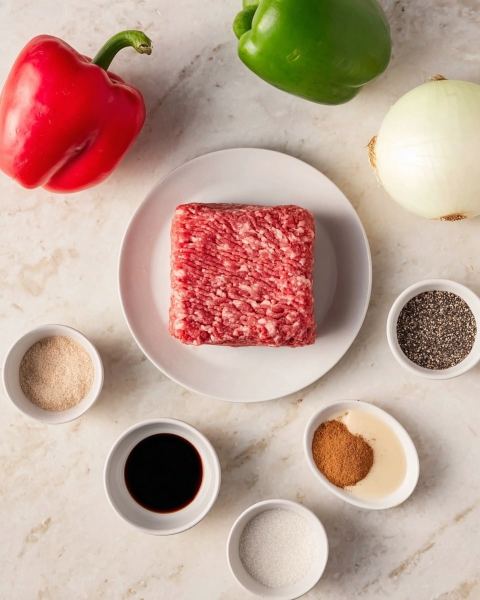 A white plate centered on a white marbled surface holds a thick, square patty of raw ground meat with a red and pink texture. Around the plate are a red bell pepper at the top left, a green bell pepper below it, and a whole white onion at the top right. Small white bowls containing dark brown spices, light brown spices, a creamy light sauce, and a dark soy-like liquid are arranged in a loose circle around the plate. Another small container holds a white and black spice mix, completing the layout. Photo taken with an iphone --ar 4:5 --v 7