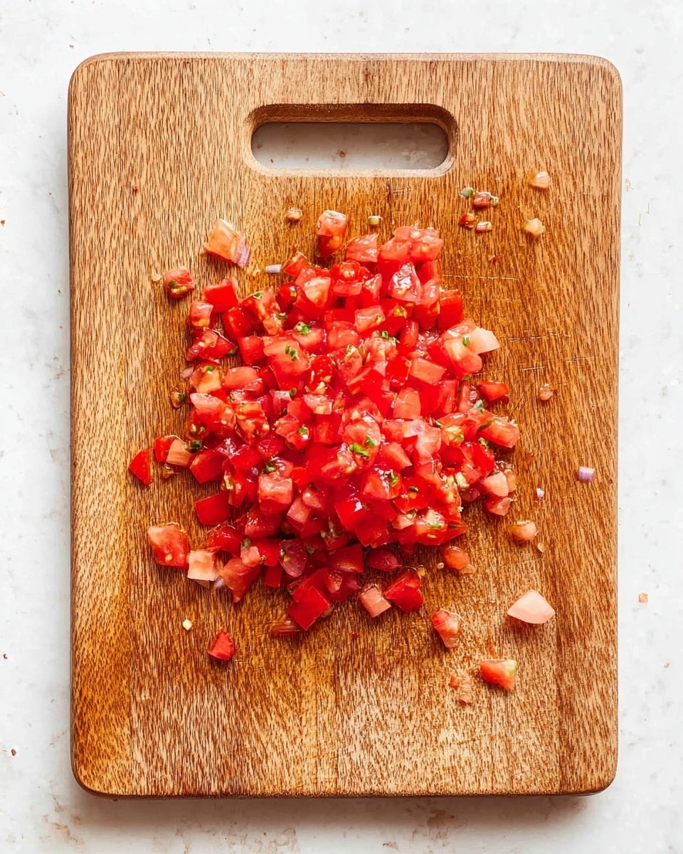 A wooden cutting board with a pile of finely chopped fresh tomatoes in the center, showing a mix of bright red and light pink pieces with some juice around them, all placed on a white marbled surface. photo taken with an iphone --ar 4:5 --v 7