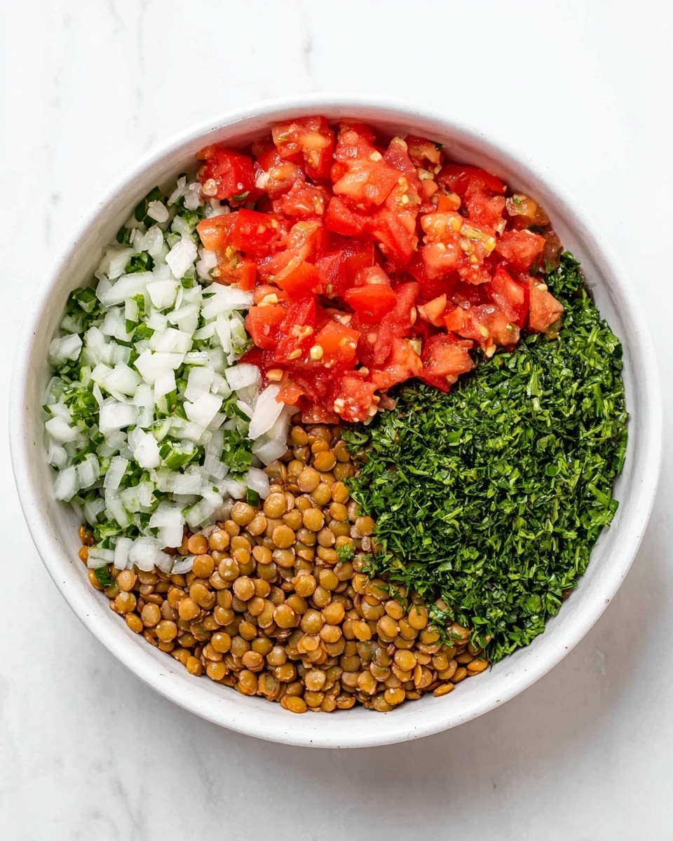 A white bowl on a white marbled surface holds four main sections of ingredients, neatly arranged side by side without mixing. Starting from the top left, there are small white and green diced pieces with a fine texture, next to bright red chopped tomatoes that have a juicy and slightly chunky look. To the right of the tomatoes, there is a large section of golden-brown lentils with a smooth and slightly shiny texture. Below the lentils, a pile of finely chopped dark green herbs fills the remaining quarter of the bowl. Each section is clearly separated, making the colors and textures stand out distinctly. Photo taken with an iphone --ar 4:5 --v 7