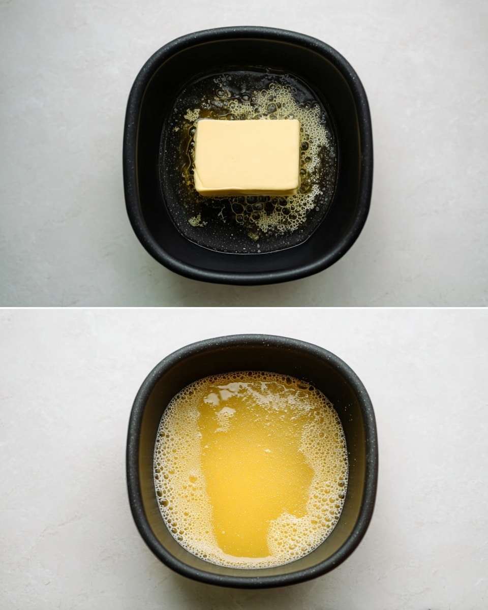 A small square block of light cream-colored butter sits in the center of a black pan, placed on a white marbled textured surface; in the next shot, the butter melts into a golden-yellow layer with a slightly bubbly and softened texture, filling the same black pan evenly. photo taken with an iphone --ar 4:5 --v 7
