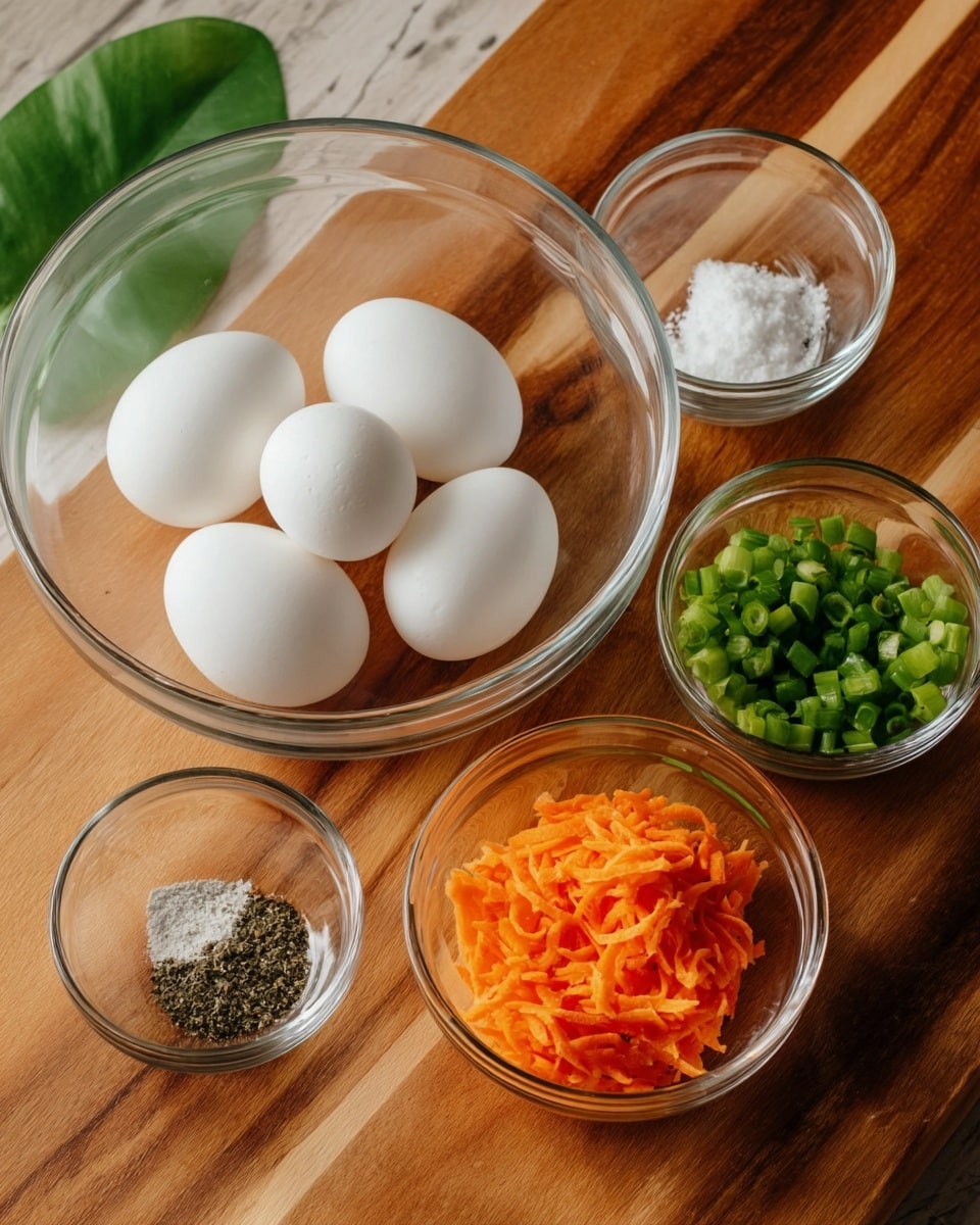 A clear glass bowl filled with six white eggs sits on a wooden surface along with four smaller clear glass bowls arranged around it. The smaller bowls contain white salt crystals, ground black pepper, chopped green onions, and shredded orange carrots. The wooden surface is warm-toned and textured, and a large green leaf partly shows in the top left corner. The background is a white marbled texture. Photo taken with an iphone --ar 4:5 --v 7