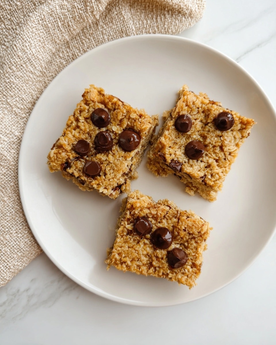 Three square oat bars with a rough and crumbly texture sit spaced apart on a white plate. Each bar is light golden brown in color, studded with several smooth, dark chocolate chips partially melted into the surface. The plate rests on a white marbled surface with a soft beige woven cloth partially visible in the top left corner. The overall look is simple and inviting, showing the rustic oats and melty chocolate clearly. photo taken with an iphone --ar 4:5 --v 7